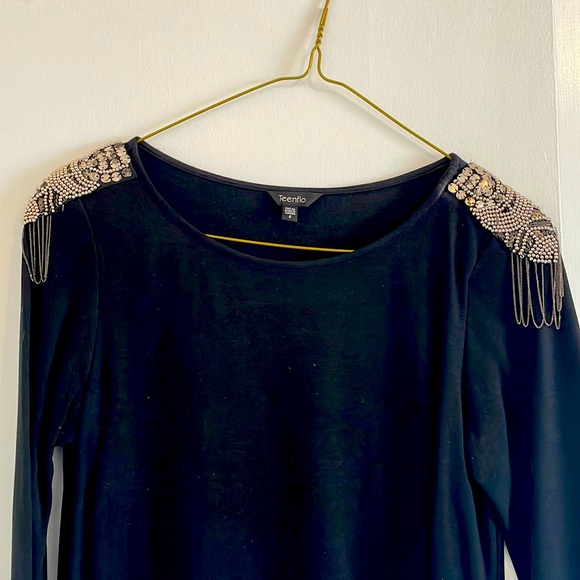 Teenflo dress black stretchy material with shoulder pads and metal detailing - Picture 3 of 7